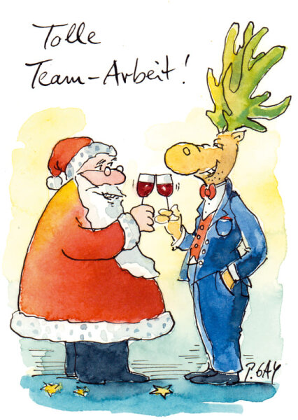 Peter Gaymann Postkarte Weihnachten Team-Arbeit !