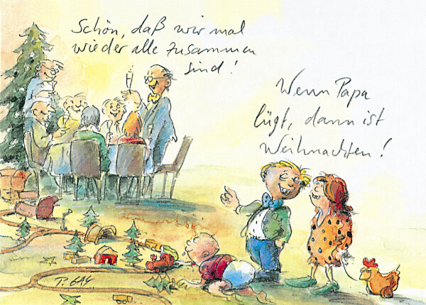 Peter Gaymann Postkarte Weihnachten Wenn Papa lügt